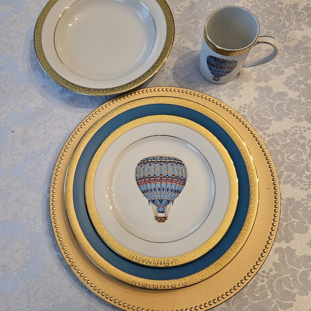 Gold and Blue Formal Dinnerware Set with Hot air balloon Pattern